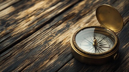Antique compass on a weathered wooden table.
