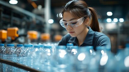 Factory woman worker checking water bottles in the warehouse at the industrial factory Female worker recording data at the beverages manufacturing line production : Generative AI