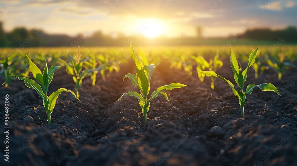 Wall mural panoramic view of young corn field plantation with sunrise background : generative ai