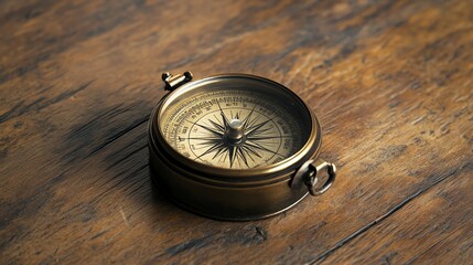 An antique brass compass on a wooden surface.