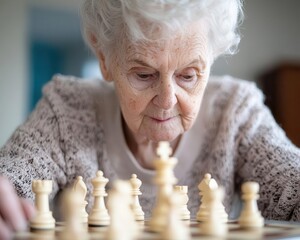 Seniors playing chess in nursing home, leisure activity, mental engagement, social interaction, elderly care
