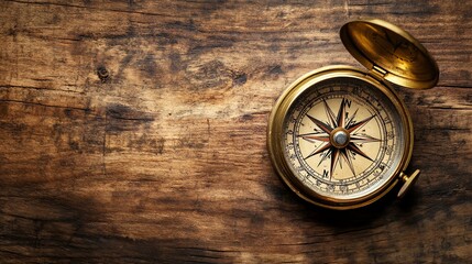 Vintage compass on rustic wooden background.