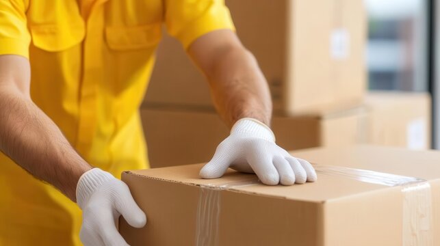Professional movers packing and loading items, care in moving services, residential relocation, teamwork in motion.