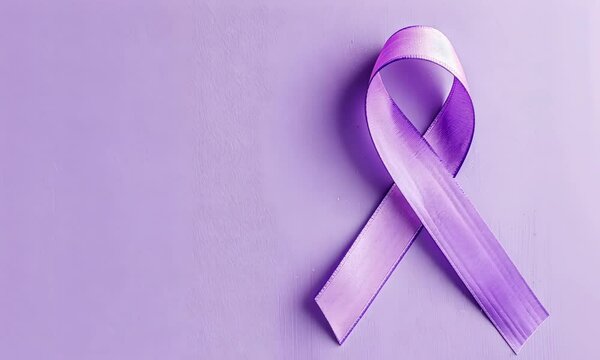 A purple ribbon on a matching background, symbolizing awareness for causes represented by this color