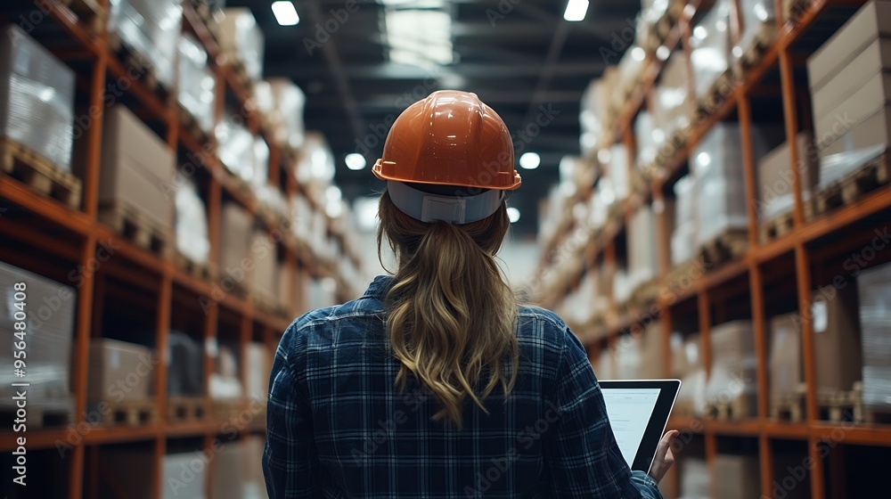 Poster Inventory stock and employees using tablet in distribution warehouse for shipping company with inspection Man woman and hard hats in factory for wholesale supplier in freight retail an : Generative AI