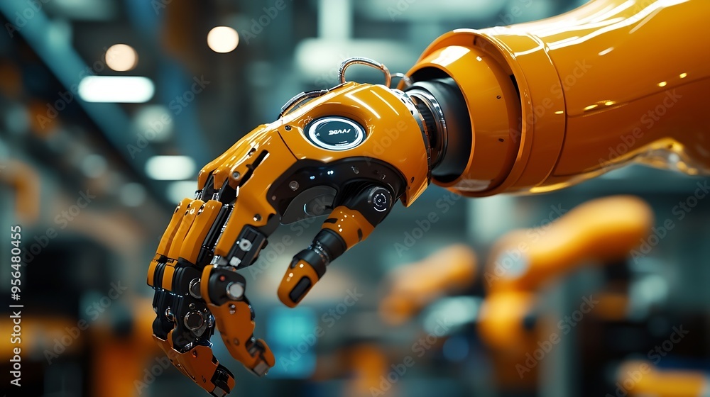 Fototapete XAI Advanced robot arm system for digital industry and factory robotic technology Automation manufacturing robot controlled by industry engineering using IOT software connected to inte : Generative AI