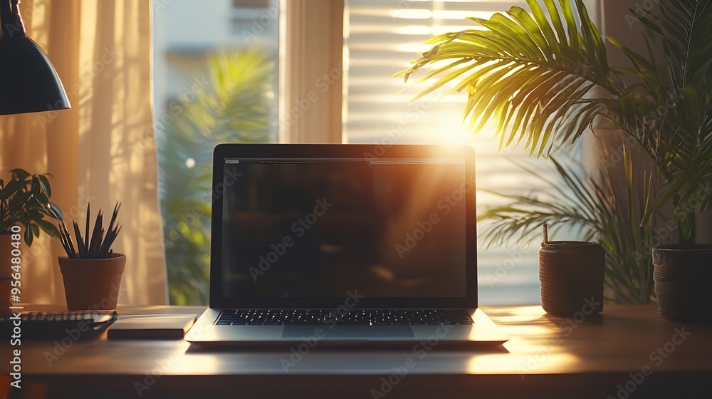 Poster laptop on a desk in a home office with beautiful window light : generative ai