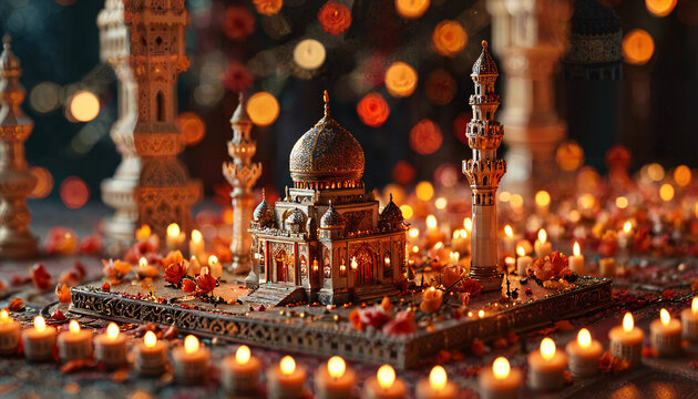 Lueur apaisante des lanternes autour d'une maquette de mosqu&eacute;e