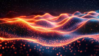 Fototapeta premium A dynamic digital landscape of glowing data points and pixelated waves, with an abstract mountain range in the background. 