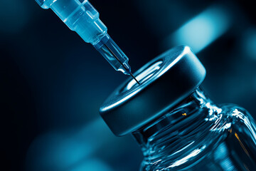 Closeup syringe needle piercing into medical glass bottle, blue toned. Concept for medical, healthcare research and development macro photo
