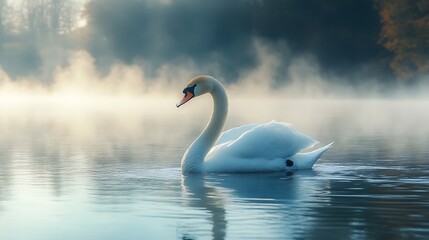 Fototapeta premium Beautiful white swan swimming in water Fine art nature with wild bird and river mist Animal wildlife wallpaper background : Generative AI