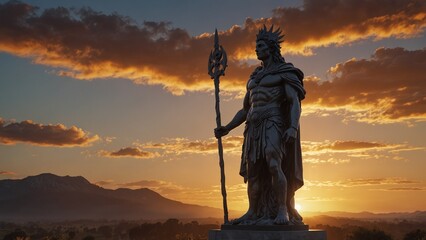 A statue of Eos standing in the morning light, holding the dawn's radiance, with a brilliant sunrise as the backdrop.