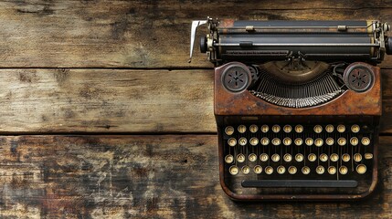 Vintage typewriter on a rustic wooden background.