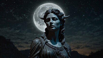 A statue of Hecate standing at a crossroads, holding the moon, with a mysterious night scene as the backdrop.