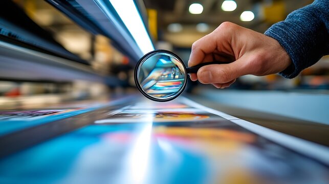 Print house worker controlling printing process quality and checking colors with magnifying glass : Generative AI