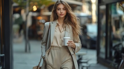 Fototapeta premium stylish woman with long hair walking in trendy blazer with beige pants cropped blouse and handbag on chain strap and holding paper cup with coffee near outdoor cafe on urban street in : Generative AI