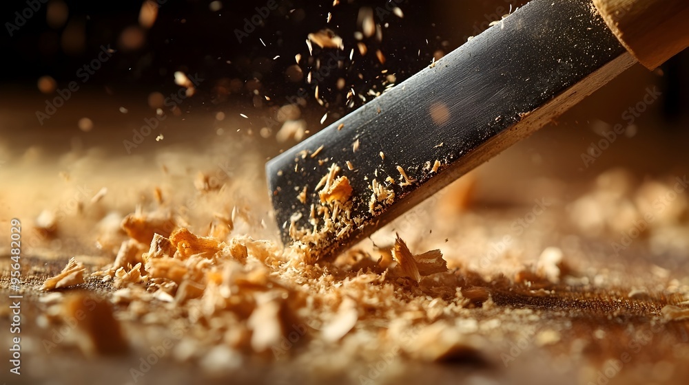 Poster macro photography capturing the sharp edge of a chisel cutting into a wooden surface revealing intri