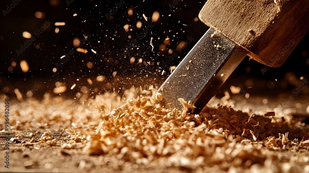 Poster macro close up photograph of a sharp metal chisel tool cutting into a wooden plank capturing the pre