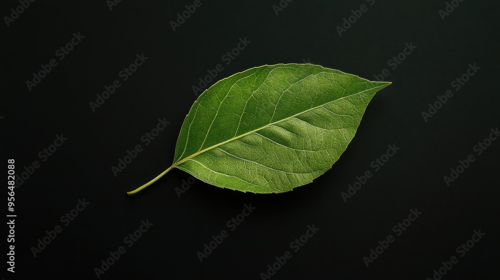 Poster a single green leaf with intricate veins stands out against a black background, creating a simple ye