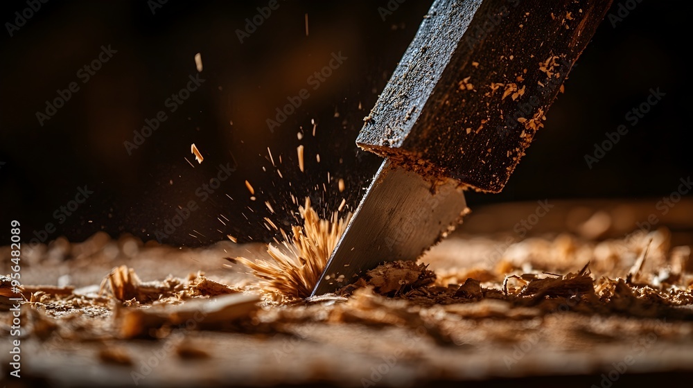 Aufkleber macro photograph of a sharp chisel cutting into wooden surface with scattered shavings capturing the