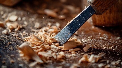 Macro photography of a sharp metal chisel cutting into the intricate texture of a wooden surface capturing the precise edge and scattered wood shavings in a clean minimalist composition
