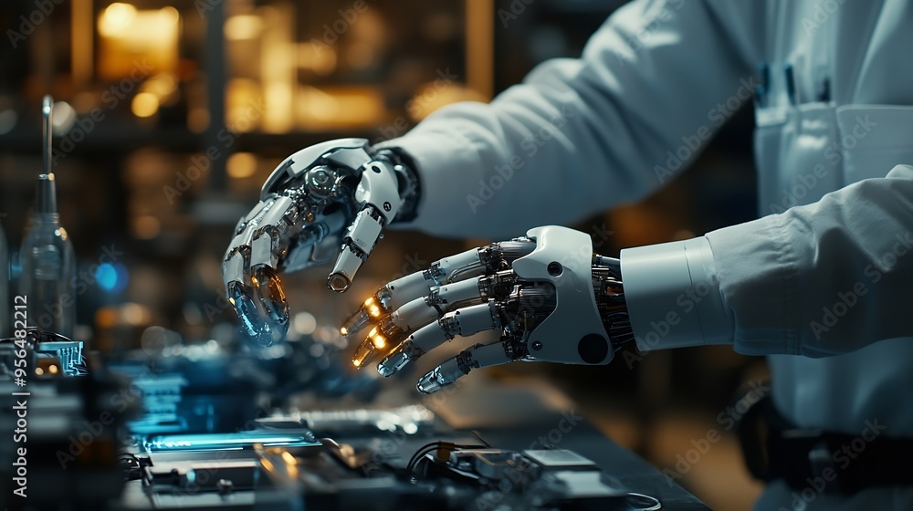 Poster Robotic maintenance engineer working on robot arm connection and monitoring control Professional technician industry 40 robotic engineering workshop in electronic futuristic manufactur : Generative AI