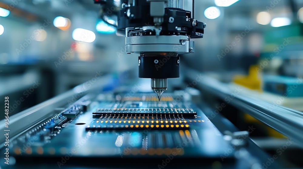 Aufkleber Production of digital boards Semiconductor manufacturing machine Robot creates microprocessor Industrial equipment for creating microboards PCB soldering machine Manufacturing of digit : Generative AI