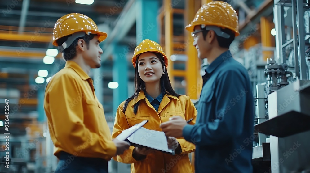 Poster Engineers consulting with director in modern industrial factory talking about new production project or investment Team management in manufacturing facility : Generative AI