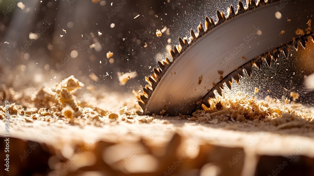 Poster macro photography of a sharp metallic saw blade cutting through a textured wooden surface capturing 