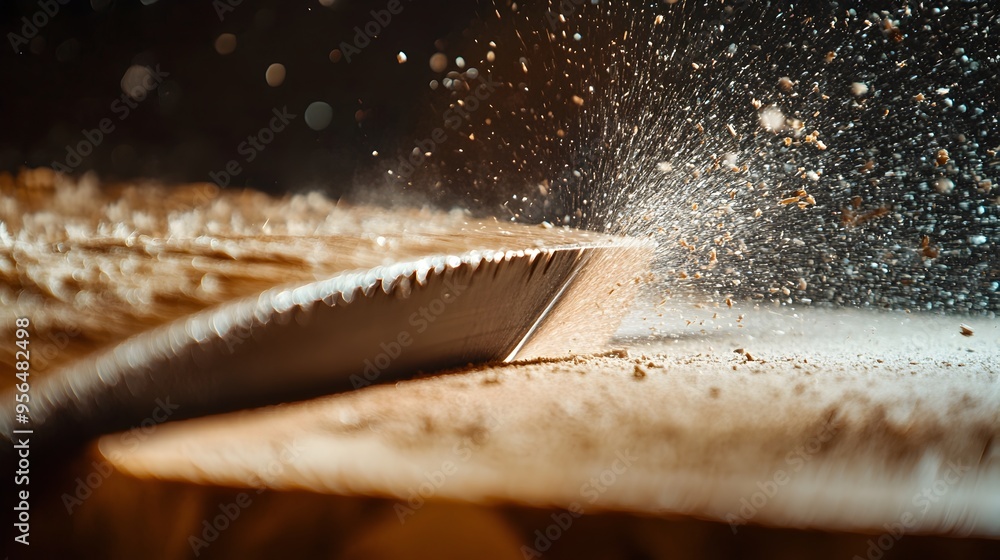 Poster macro photography of a sharp saw blade cutting through the detailed grain and texture of a wooden su