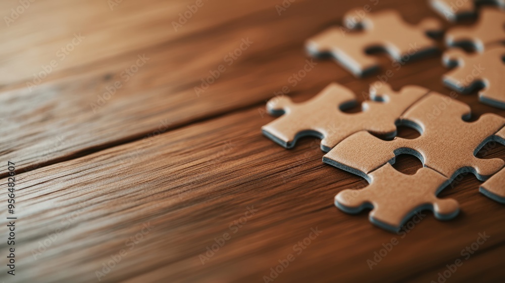 Poster a puzzle with a few missing pieces, placed on a wooden table, representing problem-solving and chall