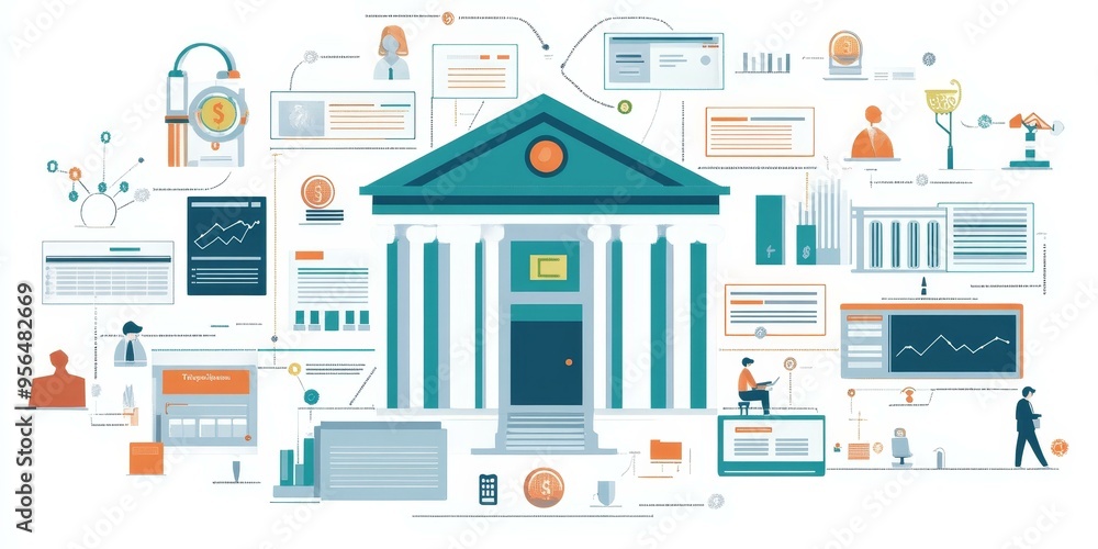 Poster bank building with people and data graphs.