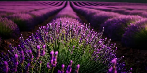 Fototapeta premium Close-up image of vibrant lavender flowers in full bloom, showcasing their vivid purple hues and delicate structure under the warm sunlight, set in a neat and expansive field.