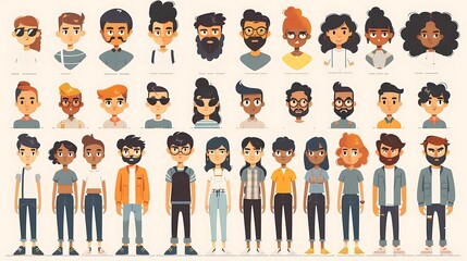 Flat design character creator, mix-and-match elements, 
