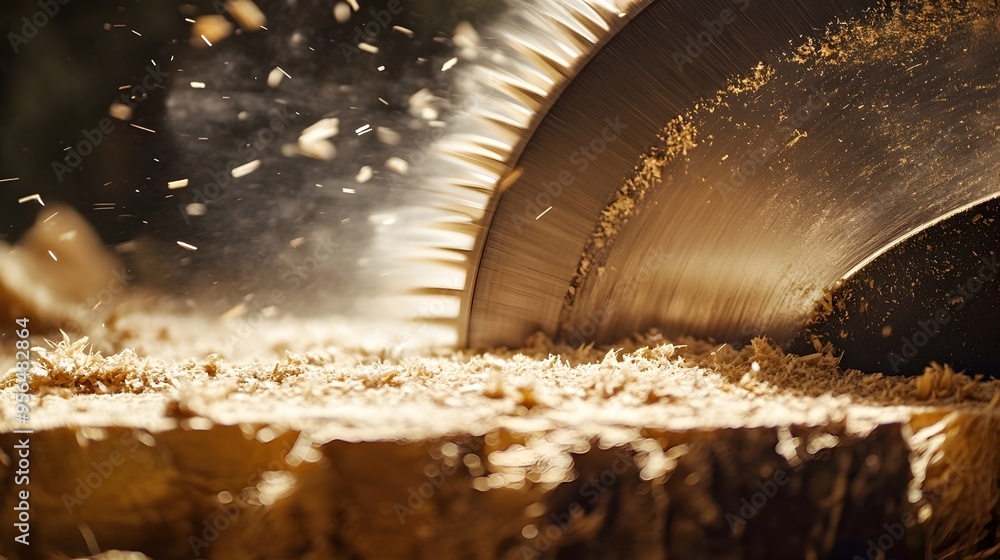 Poster macro close up of a sharp saw blade cutting through the textured grain of wooden material capturing 