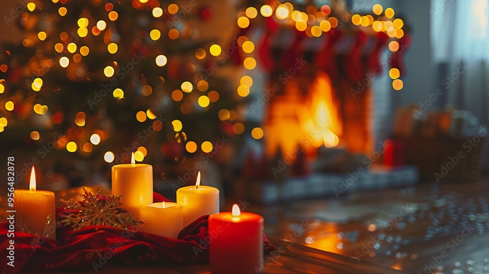 Poster a lit candle display on a table in front of a fireplace. the fireplace adds to the festive mood of t