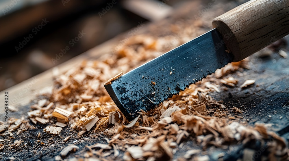 Poster macro photography capturing the sharp edge of a chisel as it cuts into a wooden surface with wood sh
