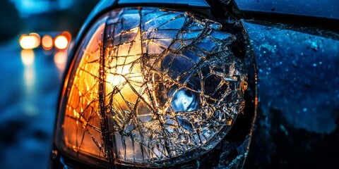 Car headlight shattered with golden glow.
