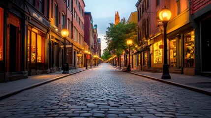 Obraz premium a quiet street scene in a hidden urban neighborhood, with cobblestone streets, quaint shops, and street lamps casting a soft glow in the evening light