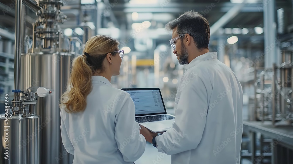 Poster Middle Aged Engineer and Female Scientist Standing with Their Back Using Laptop Computer and Talking in a Factory Facility with Equipment Producing Modern Technical Devices for Differe : Generative AI