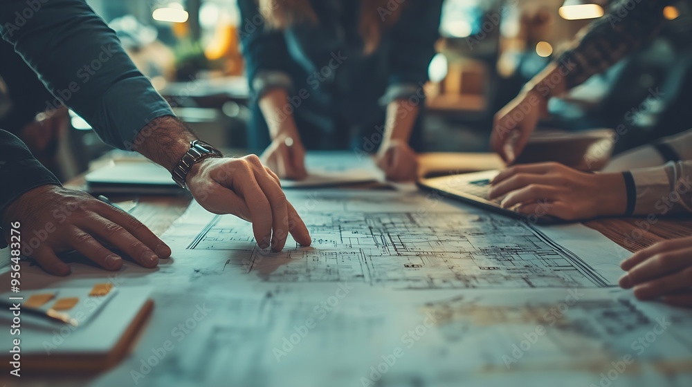 Fototapete hands business people and blueprint for architect design idea and floor plan in meeting office docum