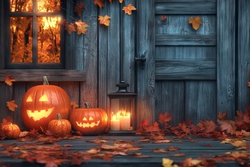 Obraz premium Halloween Pumpkins and Autumn Leaves on a Wooden House Porch. AI generated illustration