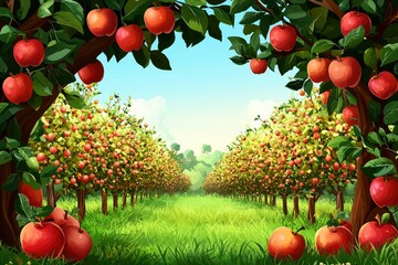 Lush Green Apple Orchard with Ripe Red Apples