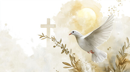 Watercolor illustration, a white dove with elegant wings and soft feathers soars through sky, symbolizing peace and love as it flies gracefully, embodying the gentle beauty of this cherished bird.