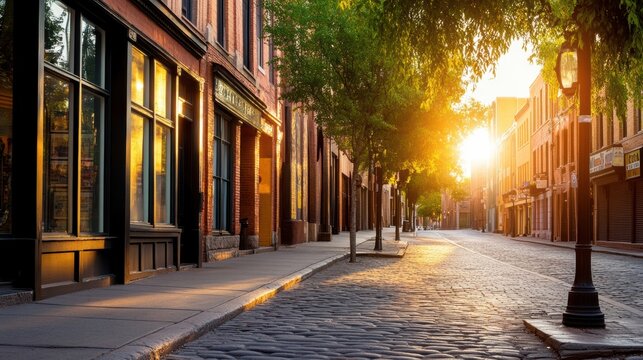 a quiet street scene in a hidden urban neighborhood, with cobblestone streets, quaint shops, and street lamps casting a soft glow in the evening light
