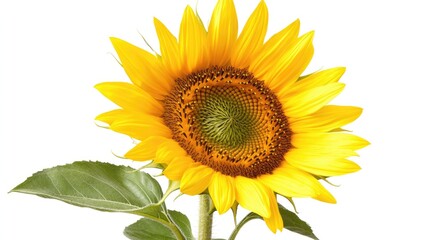 Fototapeta premium A vibrant sunflower with bright yellow petals and a dark brown center, isolated on a white background.