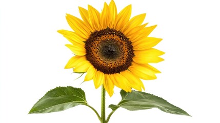 Fototapeta premium A single sunflower with bright yellow petals and a brown center isolated on a white background.