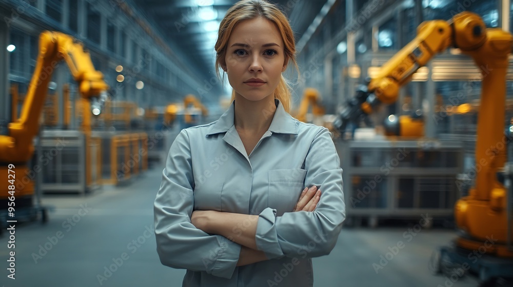 Poster Female project manager standing in modern industrial factory Manufacturing facility with robotics robotic arms and automation Storing products and materials in warehouse : Generative AI