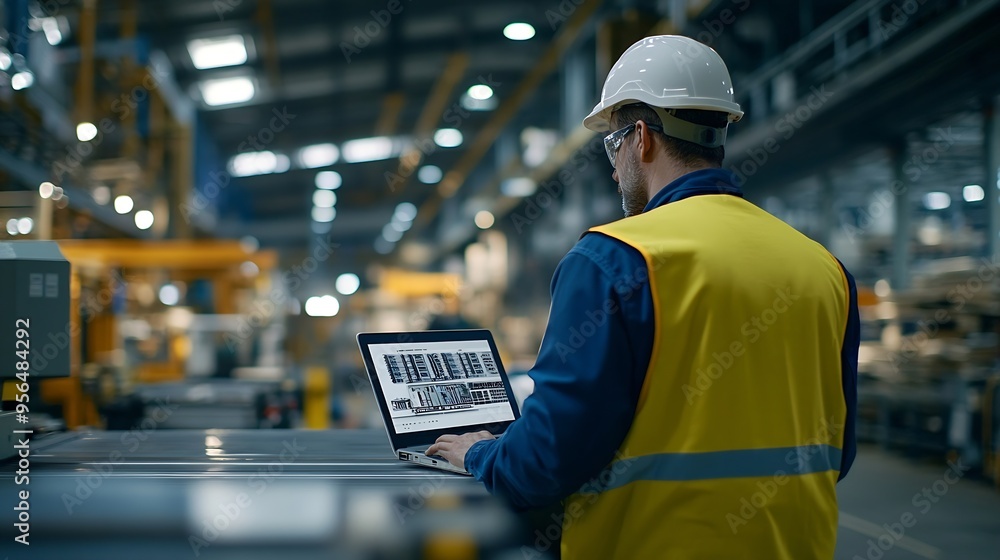 Aufkleber Industrial Engineer Working at a Technology Factory Middle Aged Male Using Laptop Computer at Work Browsing Electronics Information Online Mans Back in Safety Vest Turned to Camera : Generative AI