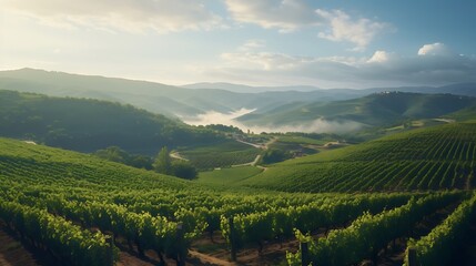 Obraz premium A panoramic view of a sustainable vineyard with organic farming practices, illustrating the integration of environmental stewardship in winemaking.